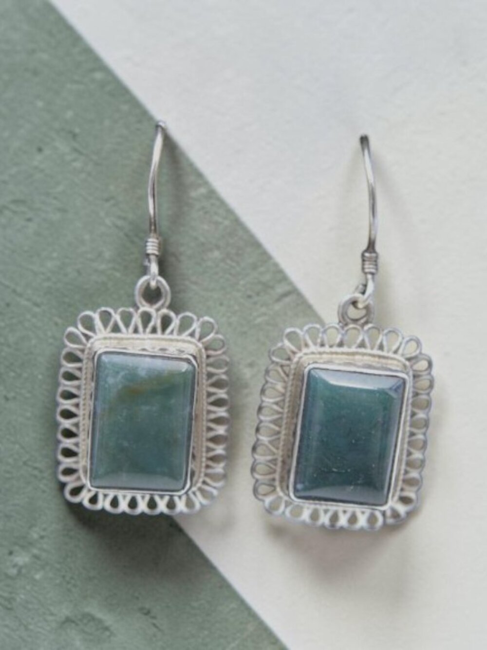 💚 Sterling Silver Chrysoprase Filigree Earrings Vintage